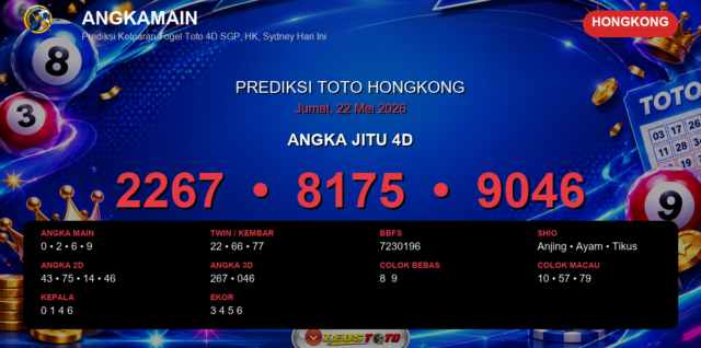 Prediksi togel Hongkong hari ini lengkap 2D 3D 4D 22 Mei 2026