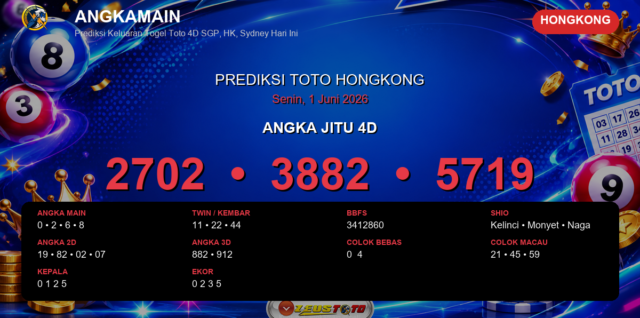 Prediksi togel Hongkong hari ini lengkap 2D 3D 4D 1 Juni 2026