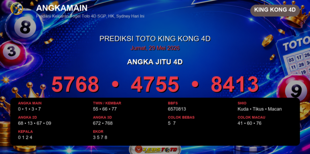 Prediksi togel King Kong 4D hari ini lengkap 2D 3D 4D 29 Mei 2026
