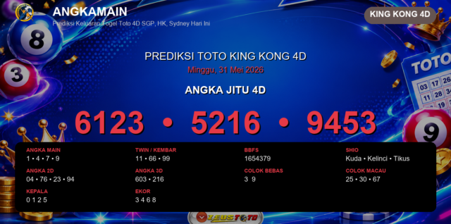 Prediksi togel King Kong 4D hari ini lengkap 2D 3D 4D 31 Mei 2026