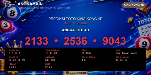 Prediksi togel King Kong 4D hari ini lengkap 2D 3D 4D 1 Juni 2026