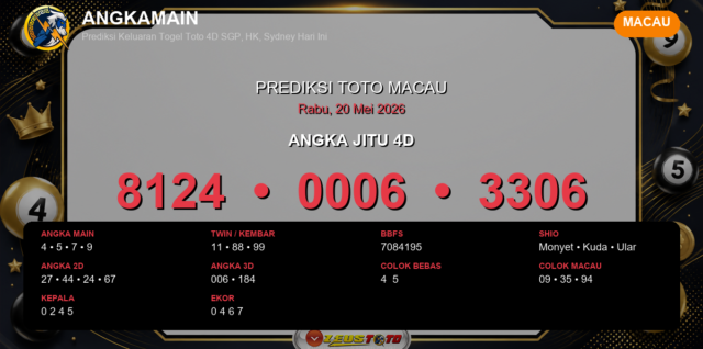 Prediksi togel Macau hari ini lengkap 2D 3D 4D 20 Mei 2026