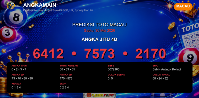 Prediksi togel Macau hari ini lengkap 2D 3D 4D 30 Mei 2026