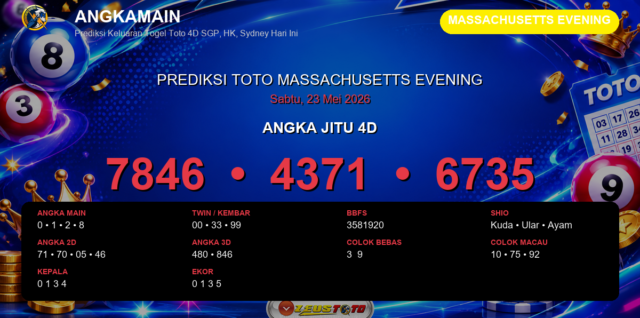Prediksi togel Massachusetts Evening hari ini lengkap 2D 3D 4D 23 Mei 2026