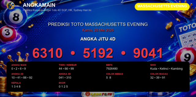 Prediksi togel Massachusetts Evening hari ini lengkap 2D 3D 4D 28 Mei 2026