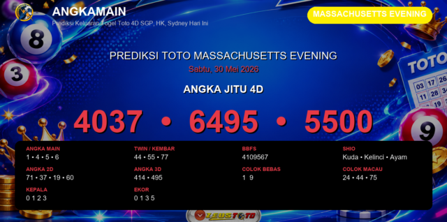 Prediksi togel Massachusetts Evening hari ini lengkap 2D 3D 4D 30 Mei 2026