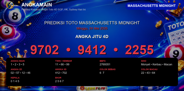 Prediksi togel Massachusetts Midnight hari ini lengkap 2D 3D 4D 24 Mei 2026