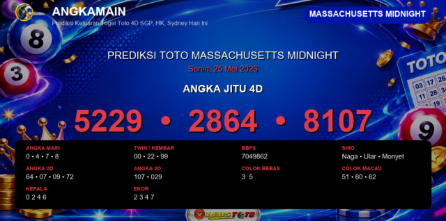 Prediksi togel Massachusetts Midnight hari ini lengkap 2D 3D 4D 25 Mei 2026