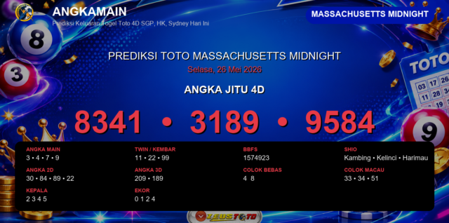 Prediksi togel Massachusetts Midnight hari ini lengkap 2D 3D 4D 26 Mei 2026