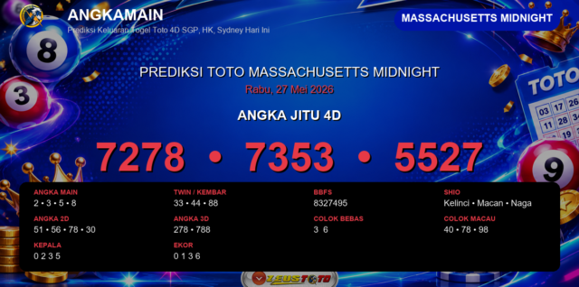 Prediksi togel Massachusetts Midnight hari ini lengkap 2D 3D 4D 27 Mei 2026