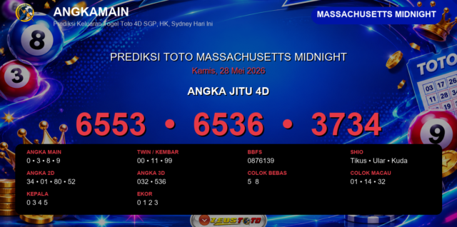 Prediksi togel Massachusetts Midnight hari ini lengkap 2D 3D 4D 28 Mei 2026