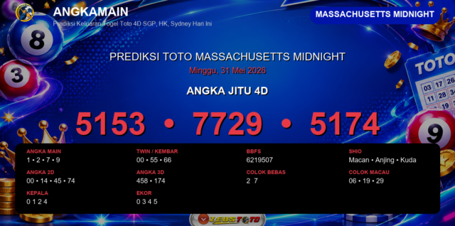 Prediksi togel Massachusetts Midnight hari ini lengkap 2D 3D 4D 31 Mei 2026