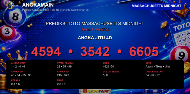 Prediksi togel Massachusetts Midnight hari ini lengkap 2D 3D 4D 1 Juni 2026