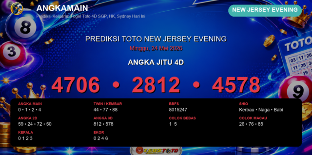 Prediksi togel New Jersey Evening hari ini lengkap 2D 3D 4D 24 Mei 2026