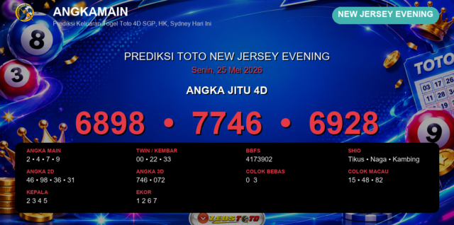 Prediksi togel New Jersey Evening hari ini lengkap 2D 3D 4D 25 Mei 2026