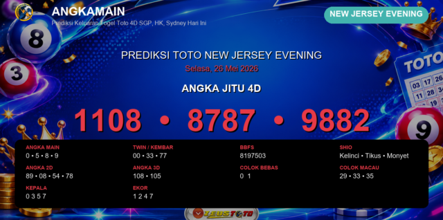 Prediksi togel New Jersey Evening hari ini lengkap 2D 3D 4D 26 Mei 2026