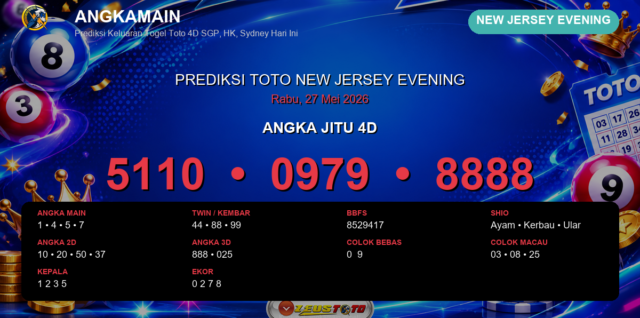 Prediksi togel New Jersey Evening hari ini lengkap 2D 3D 4D 27 Mei 2026
