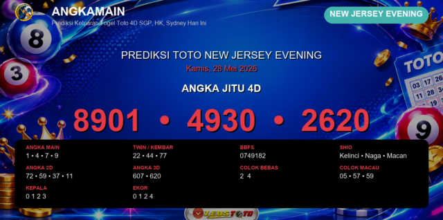 Prediksi togel New Jersey Evening hari ini lengkap 2D 3D 4D 28 Mei 2026