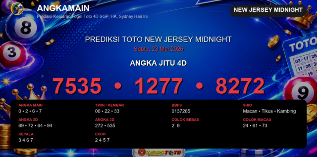 Prediksi togel New Jersey Midnight hari ini lengkap 2D 3D 4D 23 Mei 2026