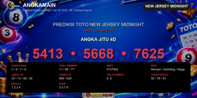 Prediksi togel New Jersey Midnight hari ini lengkap 2D 3D 4D 25 Mei 2026