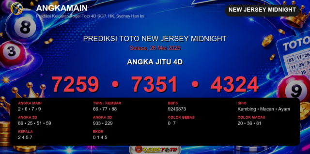 Prediksi togel New Jersey Midnight hari ini lengkap 2D 3D 4D 26 Mei 2026