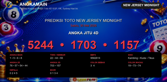 Prediksi togel New Jersey Midnight hari ini lengkap 2D 3D 4D 30 Mei 2026