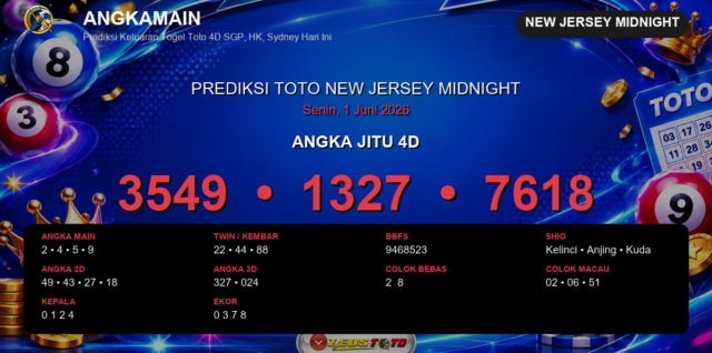 Prediksi togel New Jersey Midnight hari ini lengkap 2D 3D 4D 1 Juni 2026