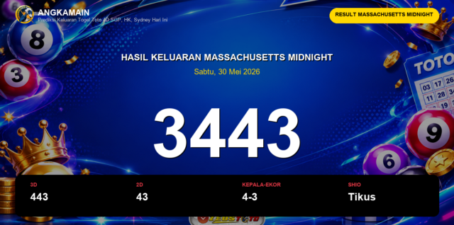Result Massachusetts Midnight hari ini 30 Mei 2026 angka 3443
