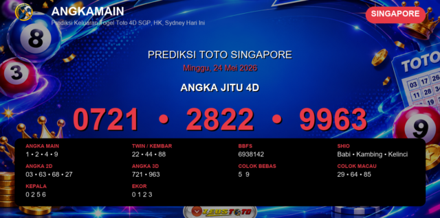 Prediksi togel Singapore hari ini lengkap 2D 3D 4D 24 Mei 2026