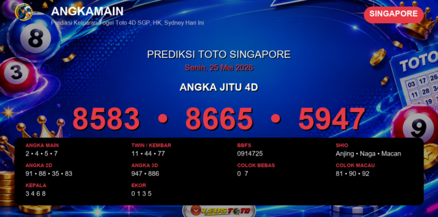 Prediksi togel Singapore hari ini lengkap 2D 3D 4D 25 Mei 2026