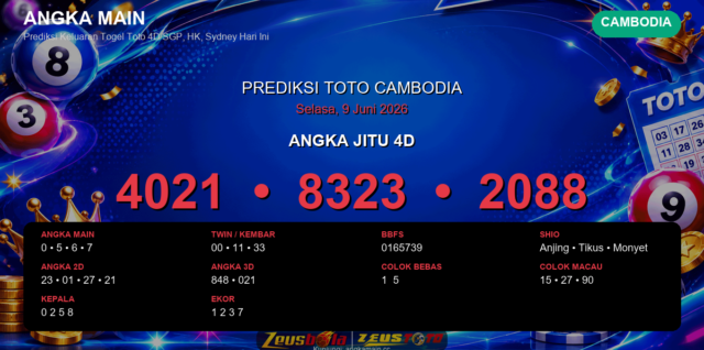 Prediksi togel Cambodia hari ini lengkap 2D 3D 4D 9 Juni 2026