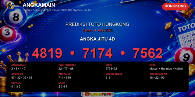 Prediksi togel Hongkong hari ini lengkap 2D 3D 4D 4 Juni 2026