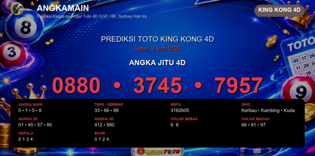 Prediksi togel King Kong 4D hari ini lengkap 2D 3D 4D 3 Juni 2026