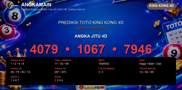 Prediksi togel King Kong 4D hari ini lengkap 2D 3D 4D 4 Juni 2026