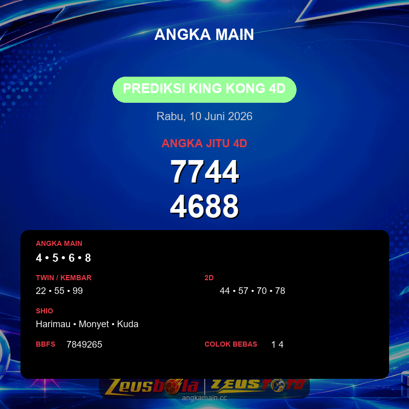 Prediksi togel King Kong 4D hari ini lengkap 2D 3D 4D 10 Juni 2026