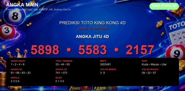 Prediksi togel King Kong 4D hari ini lengkap 2D 3D 4D 12 Juni 2026