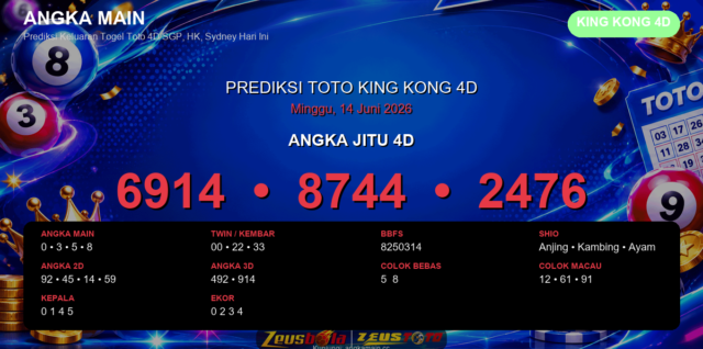 Prediksi togel King Kong 4D hari ini lengkap 2D 3D 4D 14 Juni 2026