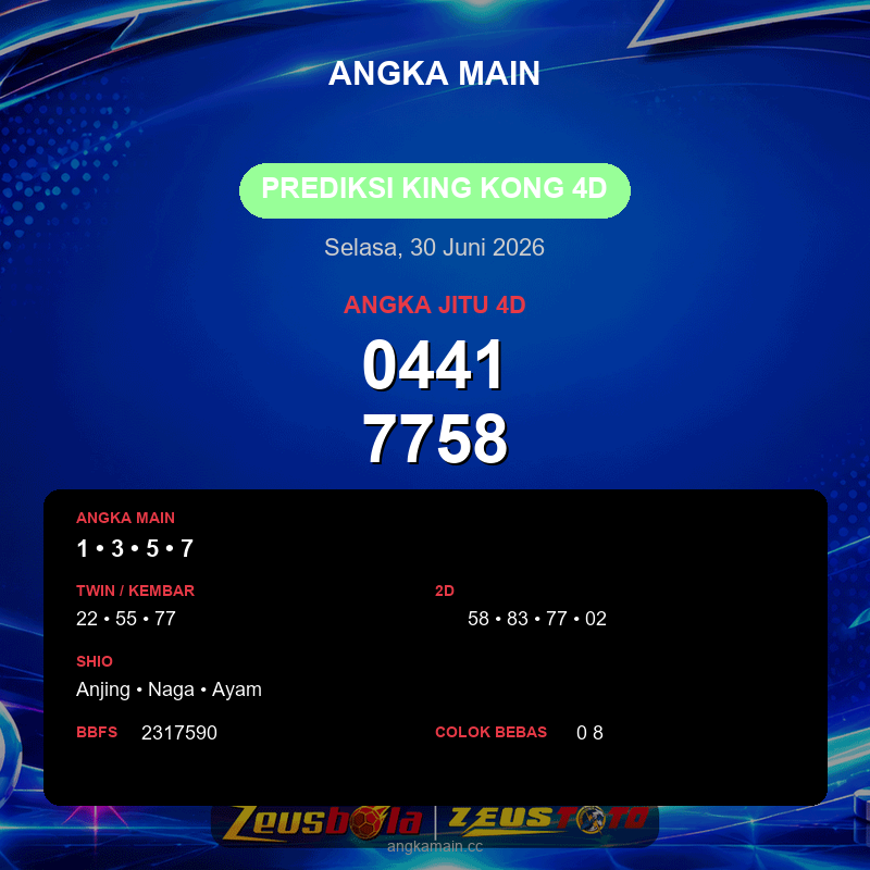 Prediksi togel King Kong 4D hari ini lengkap 2D 3D 4D 30 Juni 2026