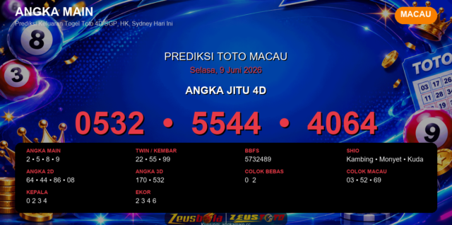 Prediksi togel Macau hari ini lengkap 2D 3D 4D 9 Juni 2026