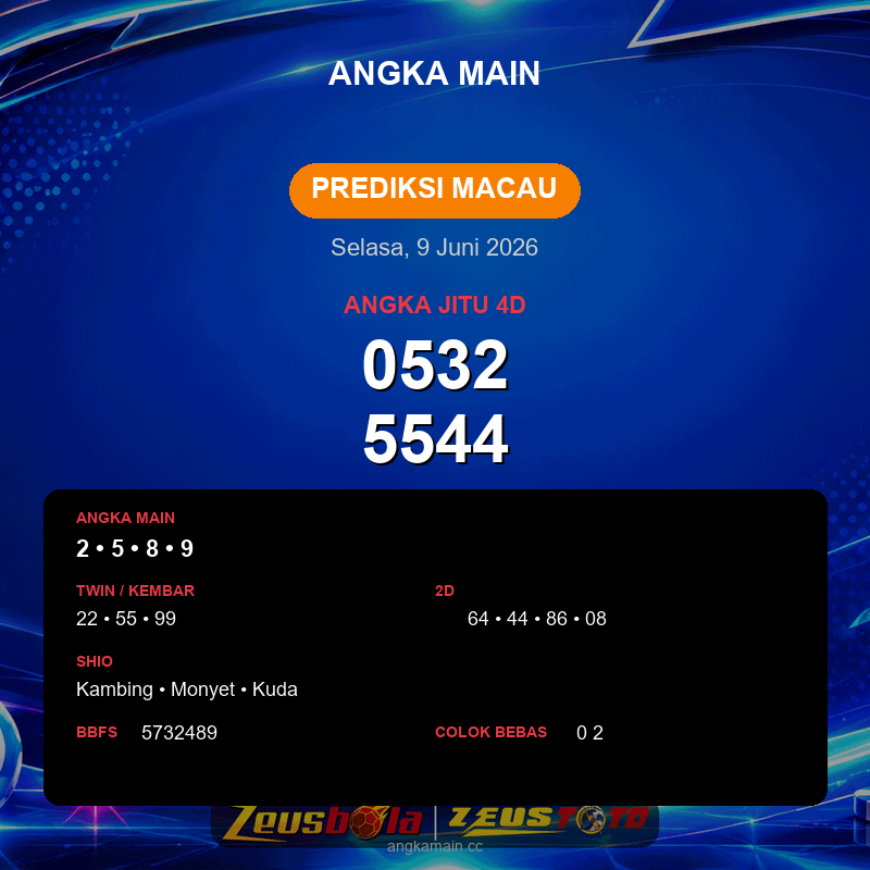 Prediksi togel Macau hari ini lengkap 2D 3D 4D 9 Juni 2026