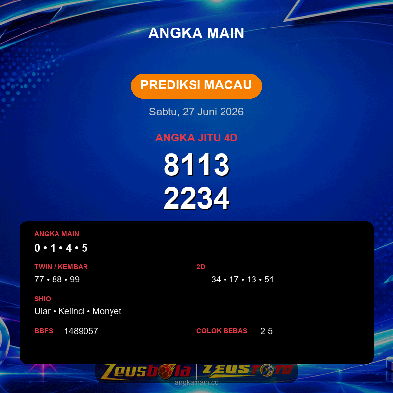 Prediksi togel Macau hari ini lengkap 2D 3D 4D 27 Juni 2026