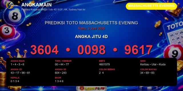 Prediksi togel Massachusetts Evening hari ini lengkap 2D 3D 4D 3 Juni 2026