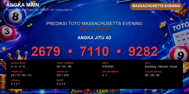 Prediksi togel Massachusetts Evening hari ini lengkap 2D 3D 4D 9 Juni 2026
