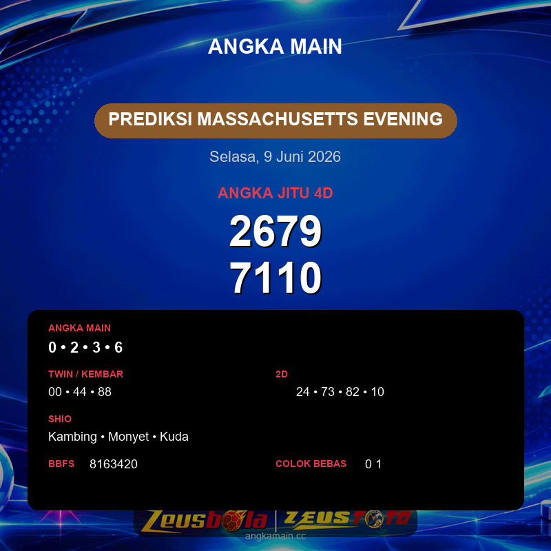 Prediksi togel Massachusetts Evening hari ini lengkap 2D 3D 4D 9 Juni 2026