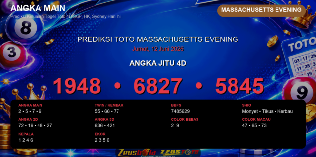 Prediksi togel Massachusetts Evening hari ini lengkap 2D 3D 4D 12 Juni 2026