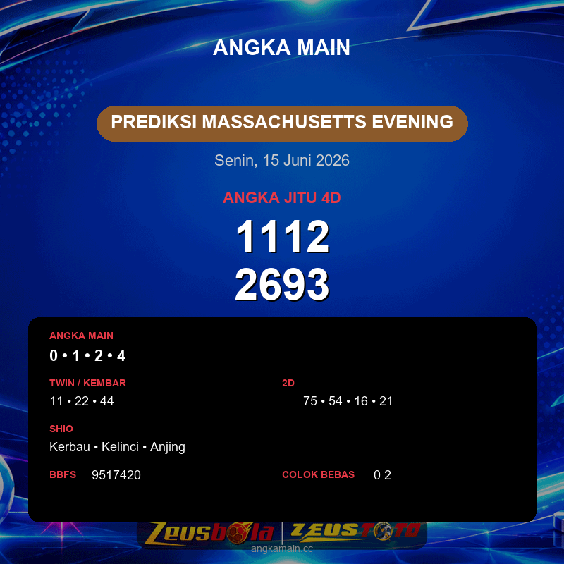 Prediksi togel Massachusetts Evening hari ini lengkap 2D 3D 4D 15 Juni 2026