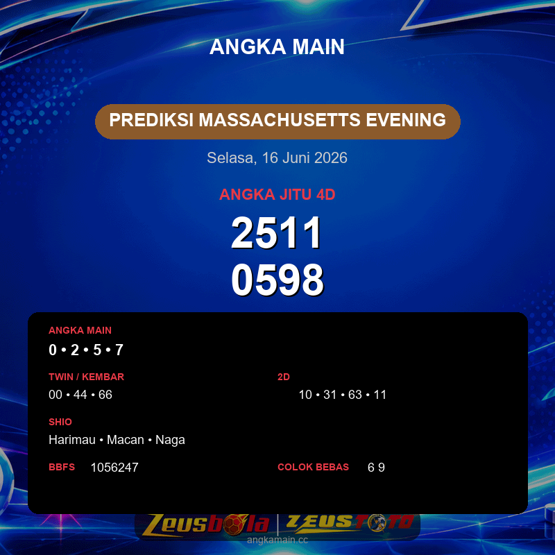Prediksi togel Massachusetts Evening hari ini lengkap 2D 3D 4D 16 Juni 2026