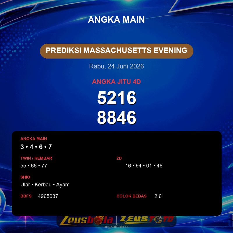 Prediksi togel Massachusetts Evening hari ini lengkap 2D 3D 4D 24 Juni 2026