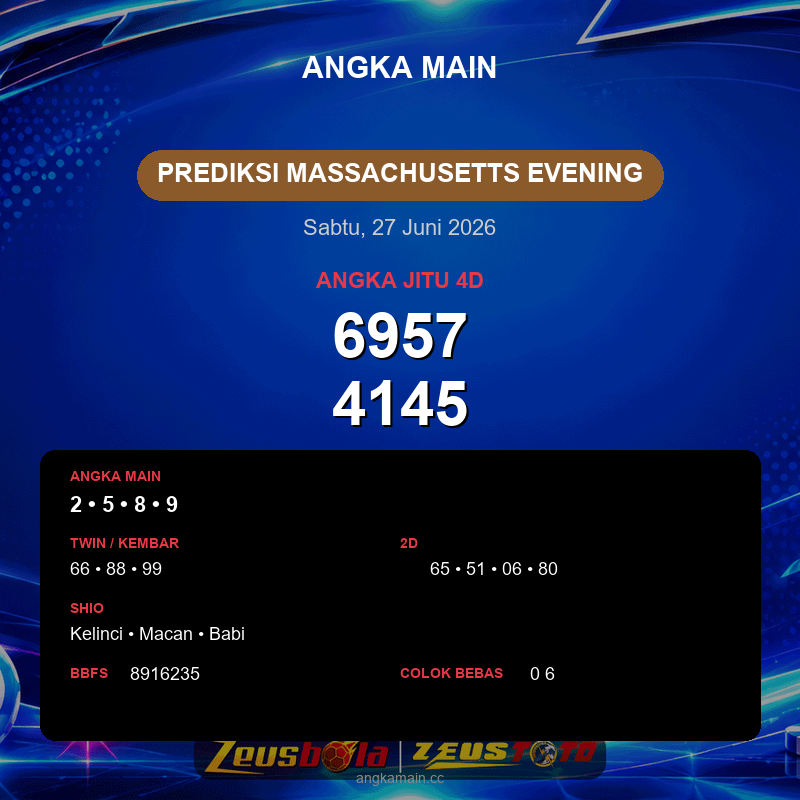 Prediksi togel Massachusetts Evening hari ini lengkap 2D 3D 4D 27 Juni 2026