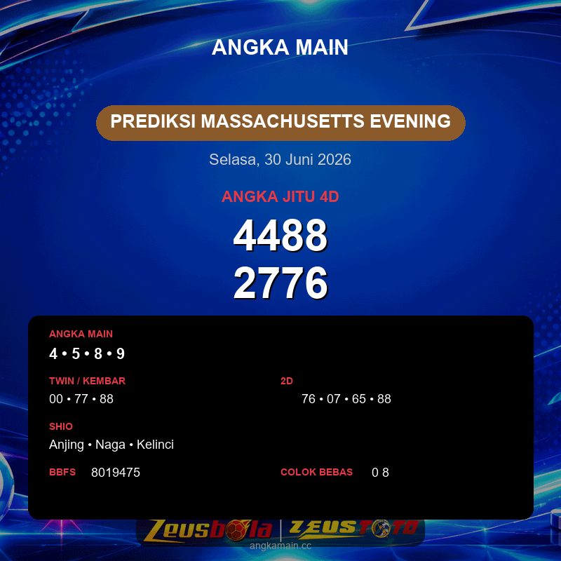 Prediksi togel Massachusetts Evening hari ini lengkap 2D 3D 4D 30 Juni 2026